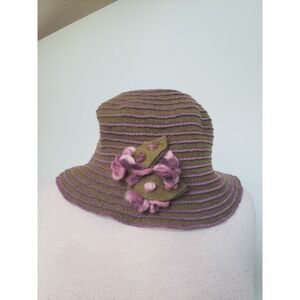 Plat'ania Italy Wool Purple Green Bucket Hat VTG Y2K Artsy Indie Chunky Floral
